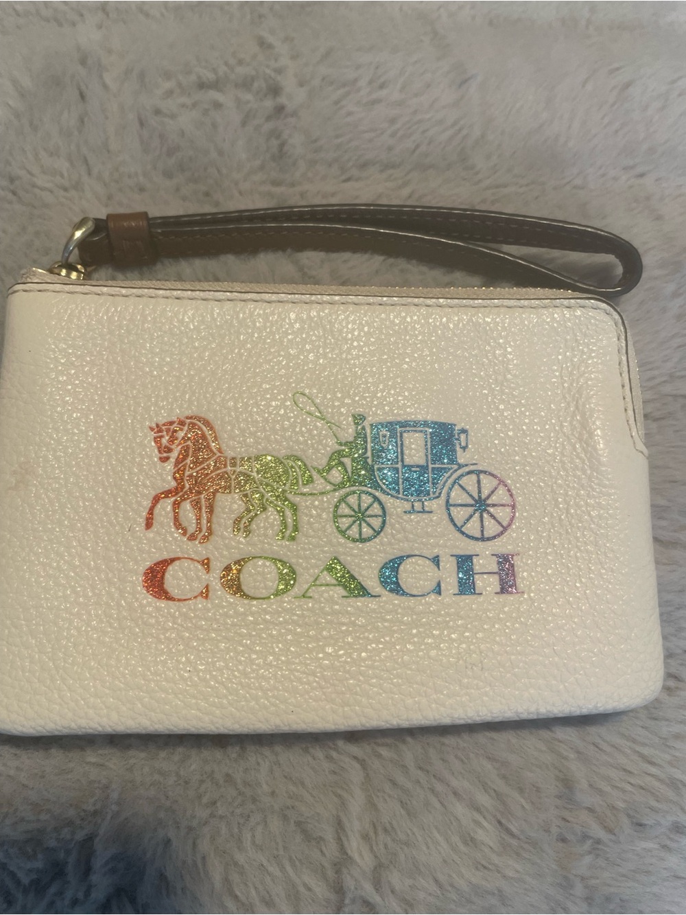 Coach Cream Leather Wristlet with Rainbow Logo